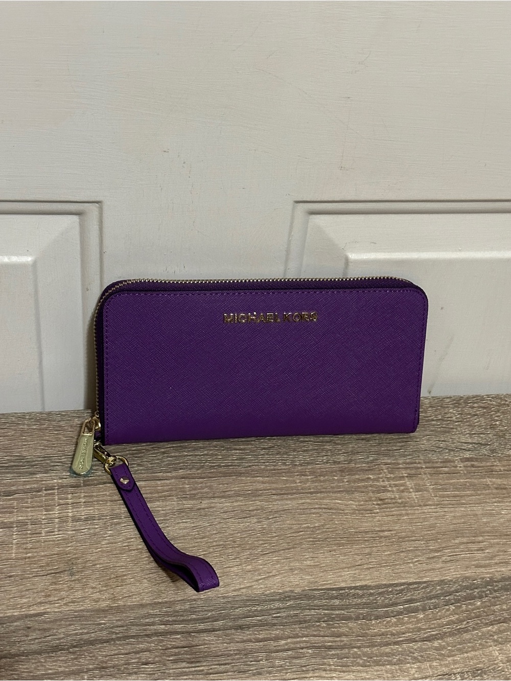 Michael Kors Purple Saffiano Leather Zip-Around Wristlet Wallet Gold Hardware